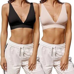 Know You Womens Seamless Plunge V-Neck Wireless Triangle Bralette Set Black Nude